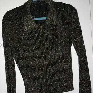 SEMI-SHEER GLAMOUR SWEATER IN BROWN W/BRONZE BEADING COLLAR + LONG SLEEVES M